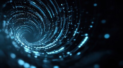 Abstract blue spiral tunnel with light streaks against a dark background.