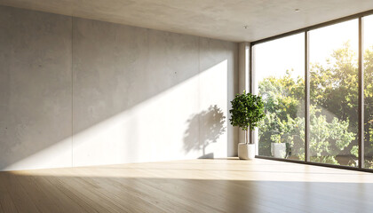 Obraz premium Sunlight streaming into a modern, minimalist room with large windows overlooking lush greenery, creating a bright and airy atmosphere