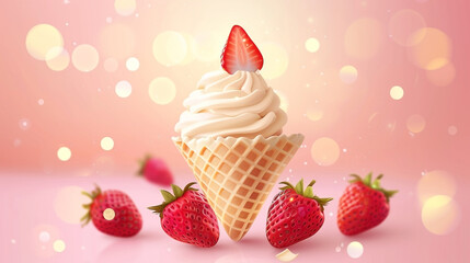 Delightful Strawberry Ice Cream Cone with Fresh Strawberries on a Soft Pink Backdrop