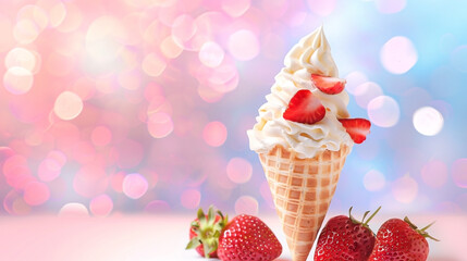 Creamy delight: Ice cream cone with fresh strawberries against a dreamy bokeh background