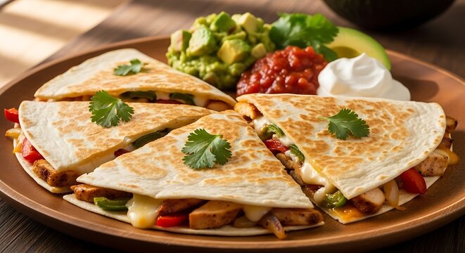 Delicious chicken quesadillas served on a wooden plate with fresh toppings