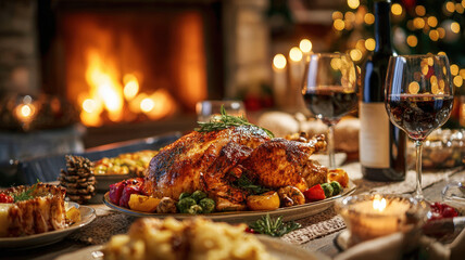 Fototapeta premium Festive holiday dinner table roasted turkey wine fireplace warm lighting cozy family gathering celebration