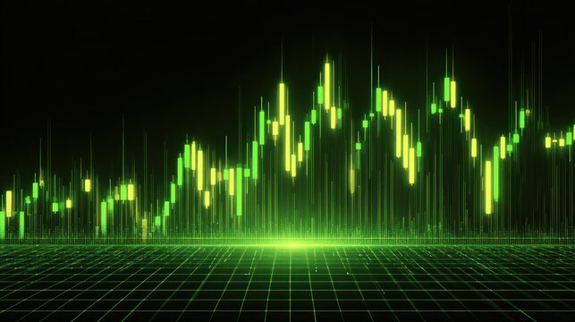 Green stock market graph on black background showing financial data and analysis.