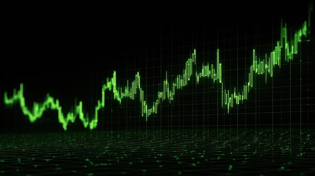 A green line graph shows an upward trend against a dark background.