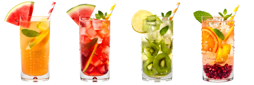 High resolution stock photo showing ultra-realistic professional product photography of four tall refreshing beverages arranged in a clean horizo Isolated to Transparent Background - Powered by Adobe