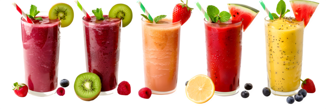 Professional studio image of ultra-realistic professional food photography of four colorful smoothies arranged in a clean horizontal row across a Isolated to Transparent Background