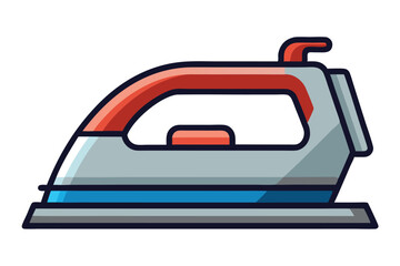 Cartoon appliance depicts a steam iron with gray body and red accents on white