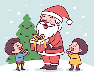 Festive Santa Claus Giving Christmas Gifts to Excited Children on a Snowy Holiday Season with a Decorated Tree Background