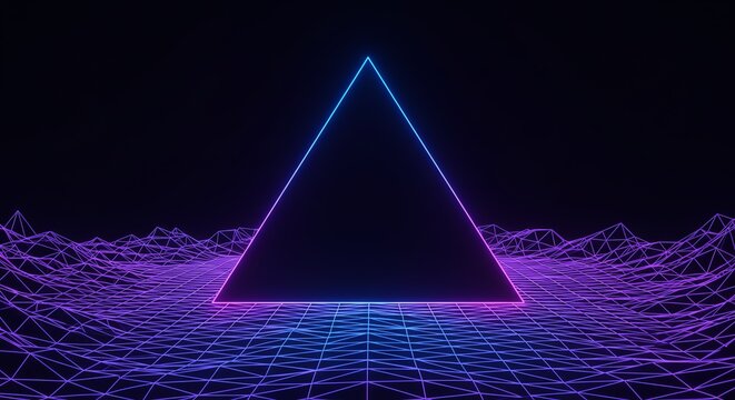 Wireframe Neon Grid with Triangle Copy Space
