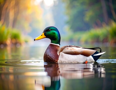 A colorful mallard duck glides on a calm autumnal pond - Powered by Adobe
