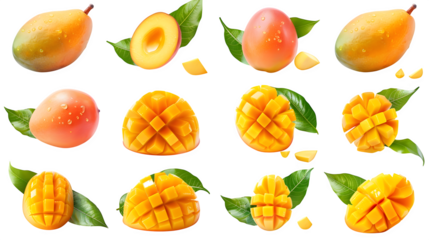 High resolution stock photo showing ultra-realistic professional food photography collage of ripe fresh mangoes, arranged in a clean grid of 8 im Isolated to Transparent Background