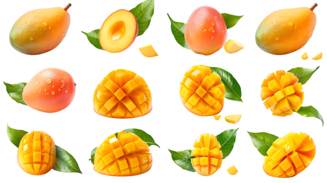 High resolution stock photo showing ultra-realistic professional food photography collage of ripe fresh mangoes, arranged in a clean grid of 8 im Isolated to Transparent Background
