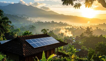 Sustainable home solar panels sunrise view