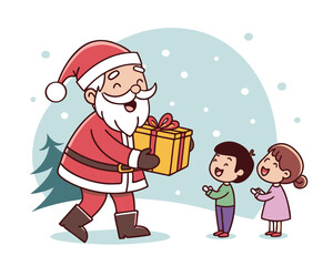 Santa Claus Giving Christmas Gift to Children Illustration Festive Season Joyful Holiday Celebration Festive Atmosphere Santa Delivering Presents