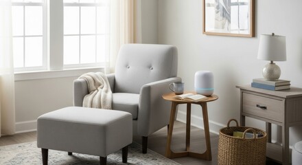 Fototapeta premium Serene reading nook with a soft armchair, ottoman, throw blanket, side table, lamp, humidifier, and large windows for bright, calming natural light.