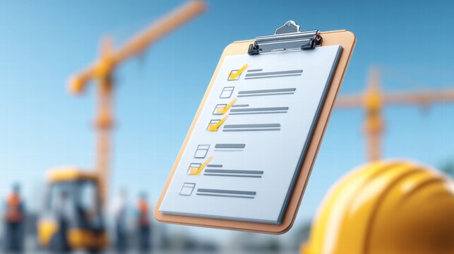 Construction checklist with a crane and a helmet in the background.