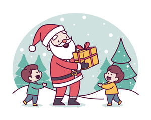 Santa Claus Giving Christmas Presents to Excited Children in a Snowy Winter Wonderland Illustration for Holiday Cheer