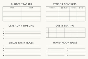 Wedding planning organizer with budget timeline vendor contacts guest seating and notes sections