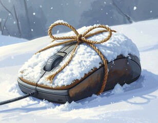 A computer mouse wrapped in a snow-covered twine bow