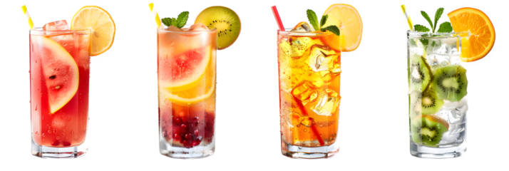 Professional studio image of ultra-realistic professional product photography of four tall refreshing beverages arranged in a clean horizontal ro Isolated to Transparent Background