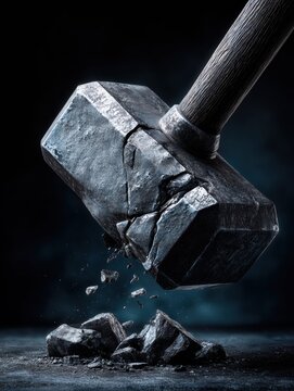 A powerful hammer smashes stone, symbolizing strength and destruction.