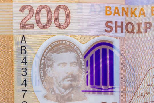 Close-up Albanian lek banknotes with colorful denominations and architectural designs, Naim Frash&euml;ri, Financial transactions, travel preparation involving local currency in Balkans, currency exchange