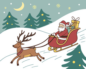 Santa Claus Riding in Sleigh with Reindeer through Snowy Winter Landscape Vector Illustration Holiday Season Christmas Theme