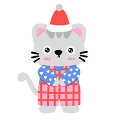 A cat wearing a Santa hat and a red and blue plaid apron