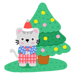 A cat is standing in front of a Christmas tree