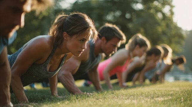 side view of a group of fitness people doing push ups in the park no logos no brands ar 169