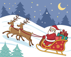 Santa Claus riding in sleigh with reindeer on snowy night under moon and stars Christmas holiday season