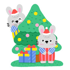 Two rabbits are sitting under a Christmas tree