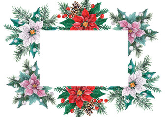 Christmas Frame with Poinsettia Flowers