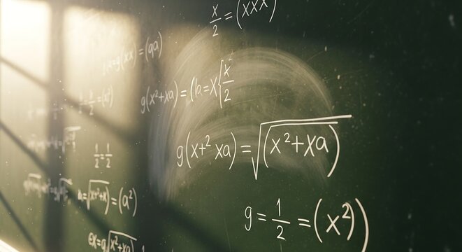 Faint mathematical equations on a chalkboard with soft eraser marks