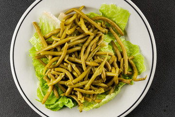 String beans snack green bean ready to eat vegetable natural product tasty snack fresh gourmet food background on the table rustic top view copy space keto and paleo diet vegan and vegan food