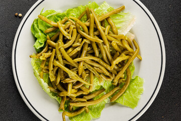 String beans snack green bean ready to eat vegetable natural product tasty snack fresh gourmet food background on the table rustic top view copy space keto and paleo diet vegan and vegan food