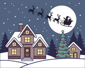 Santa Claus Sleigh Reindeer Flying Over Snowy Town Christmas Scene Holiday Celebration Festive Night Winter Season Illustration