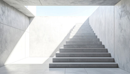 Fototapeta premium A stark, minimalist concrete staircase ascends towards a brilliant light source, symbolizing progress, opportunity, and the journey forward in a conceptual, modern architectural setting