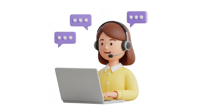A 3d cartoon of a customer service representative wearing a headset and typing on a laptop, with chat bubbles above isolated on transparent background