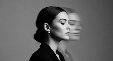 Elegant young caucasian female in black and white profile with double exposure effect