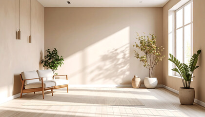 Fototapeta premium Minimalist living room with comfortable sofa, plants, and natural light creating a serene and stylish ambiance