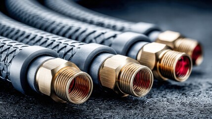 Close-up of industrial hoses with brass fittings
