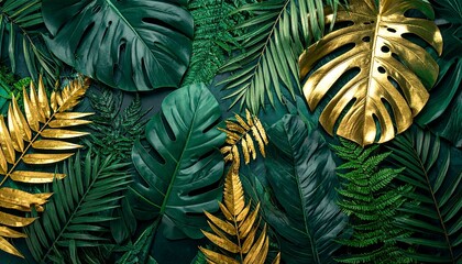 golden and green leaves, nature concept. Creative layout made of tropical leaves.