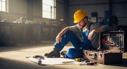 Male worker sitting on floor beside toolbox in industrial workshop  