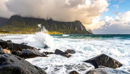 Dramatic ocean waves crashing on a rocky beach, dramatic cloudscape