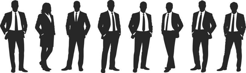 Business silhouette icon set, corporate attire figures, black design illustration, professional team vector, workplace diversity symbols, career and leadership graphics