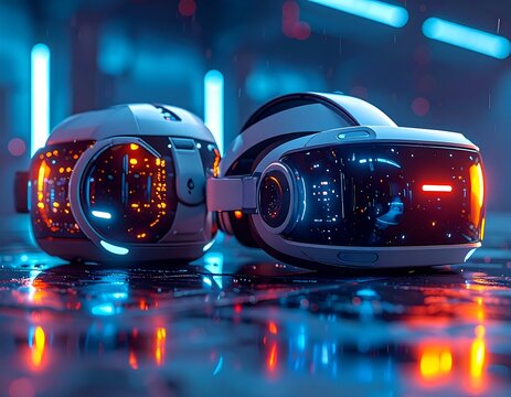 Futuristic VR headsets in a vibrant, rain-slicked city - Powered by Adobe