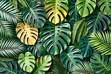 golden and green leaves, nature concept. Creative layout made of tropical leaves.