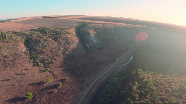 FPV drone aerial shot. Beautiful mountain view of nature landscape on a foggy morning. Moldova, Europe