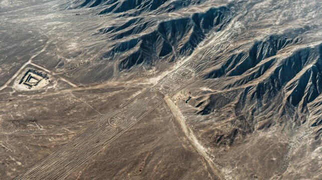Aerial view of ancient geoglyphs and mountains